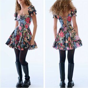 BEST Selkie Puck Little Foxglove Mini Dress Black Pink Floral Retro